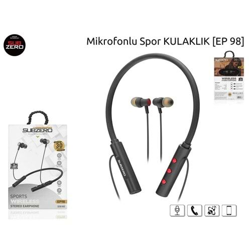 Subzero EP98 Kablosuz Sporcu Kulaklık 30 Saat Kullanım Bluetooth 5.0 Boyun Askılı Mıknatıslı Kulaklık
